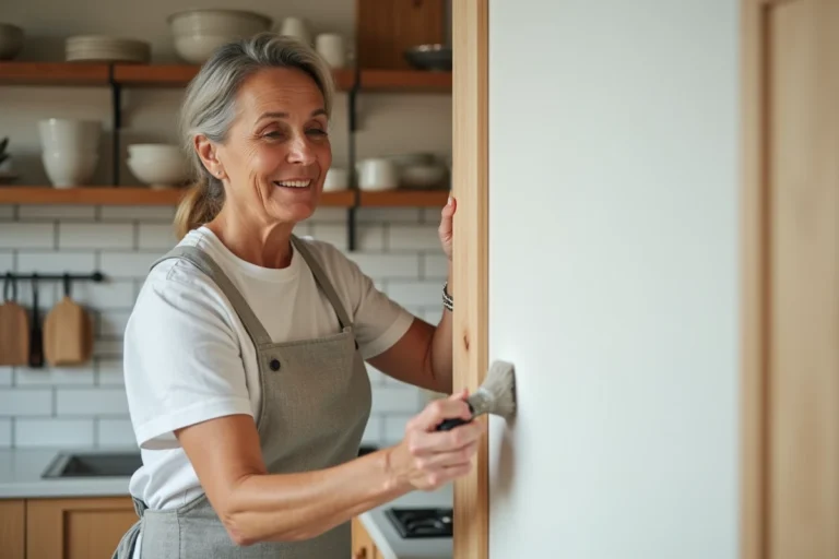 Femme appliquant de la peinture blanche sur un meuble de cuisine en bois dans le cadre d'une rénovation intérieure