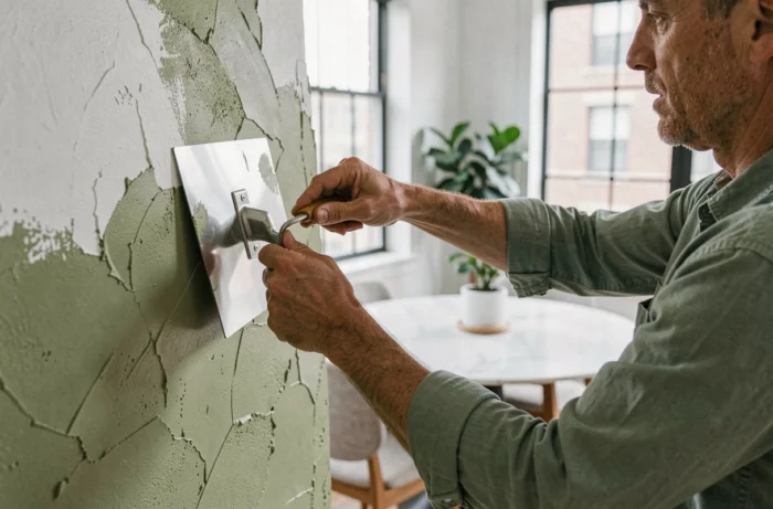 Homme appliquant un enduit à la chaux sur un mur intérieur pour créer un effet décoratif artisanal