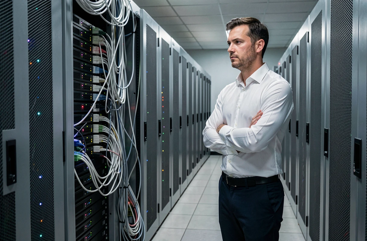 Responsable informatique inspectant les serveurs d'une salle des données pour évaluer les risques cybernétiques de son entreprise