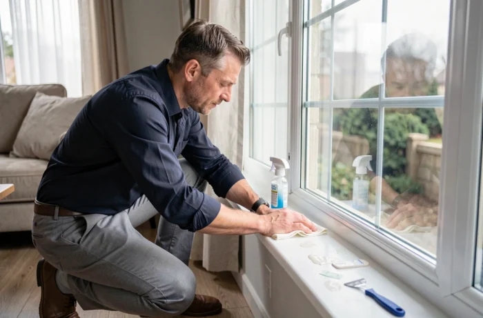 Homme en train de retirer un résidu de colle sur une fenêtre PVC dans un salon contemporain avec une solution nettoyante