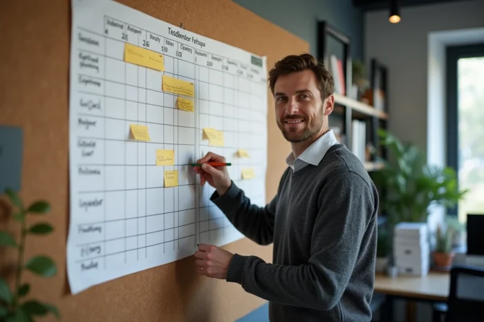 Chef de projet ajoutant des marges de sécurité en jaune sur un grand rétroplanning Gantt épinglé au mur.