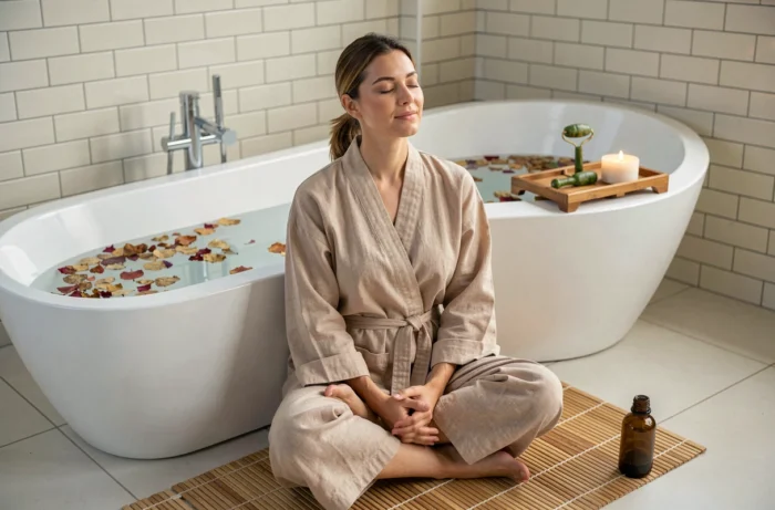 Femme en robe de lin méditant dans une salle de bain minimaliste avec baignoire et bougies pour un rituel bien-être