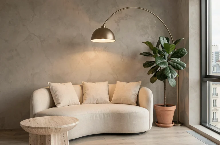 Salon moderne minimaliste avec canapé en lin crème, table en travertin et plante verte dans un intérieur élégant aux tons neutres