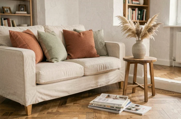 Salon scandinave cosy avec canapé en lin crème, coussins texturés et magazines de décoration intérieure