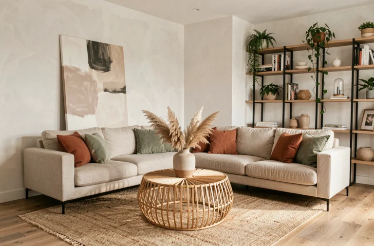 Salon scandinave moderne avec canapé en lin beige, coussins terracotta et table basse en rotin pour une déco tendance