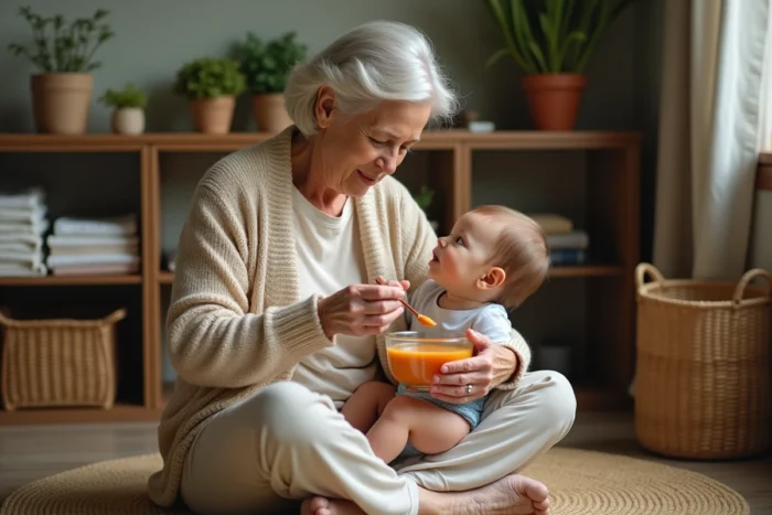 Grand-mère assise sur un tapis tissé nourrissant un bébé à la cuillère en bois avec une purée de fruits maison dans un salon chaleureux et naturel