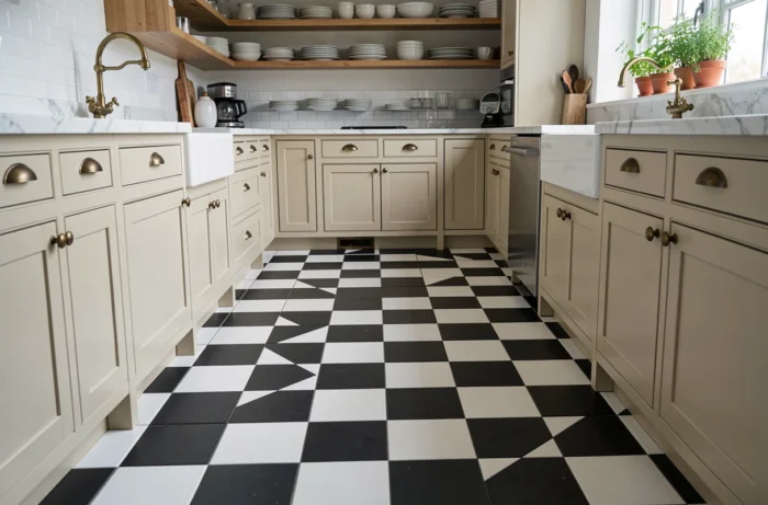 Sol en carrelage à damier noir et blanc dans une cuisine rénovée au style vintage moderne avec meubles shaker et robinetterie en laiton