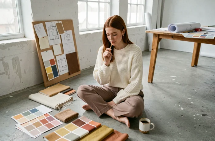 Jeune femme créative assise sur le sol d'un studio entourée d'échantillons de tissu et de palettes de couleurs pour un projet de décoration intérieure
