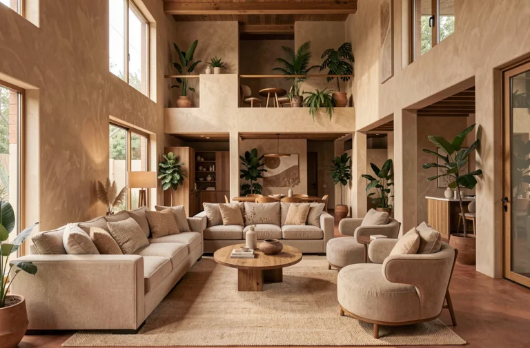 Espace de vie moderne et stylé illustrant plusieurs tendances de décoration intérieure contemporaines avec matériaux naturels et tons chauds
