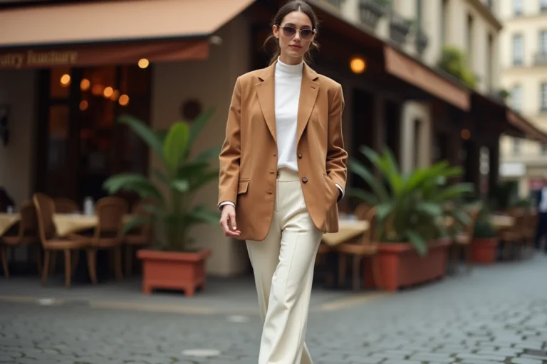 Femme élégante en blazer camel et pantalon large crème dans une rue pavée parisienne, tendances mode automne