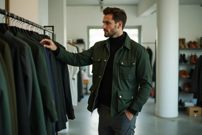 Homme stylé en veste utilitaire verte dans un concept store minimaliste, mode masculine tendance saison