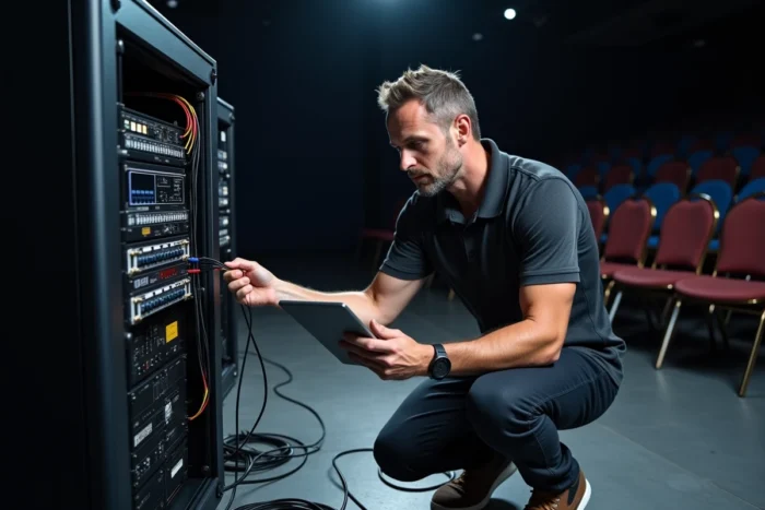 Coordinateur technique testant les connexions audio-visuelles dans une salle événementielle vide avant le jour J.