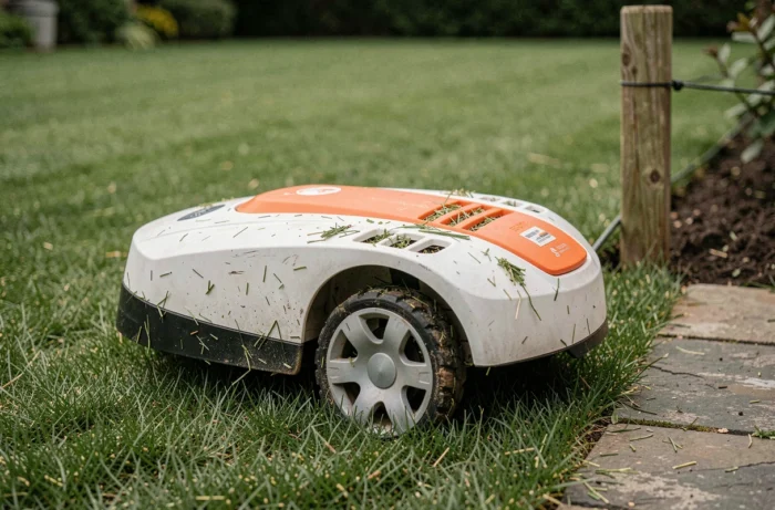 Tondeuse robot autonome sur gazon d'un grand jardin de 2500 m² avec détails réalistes du boîtier et du sol