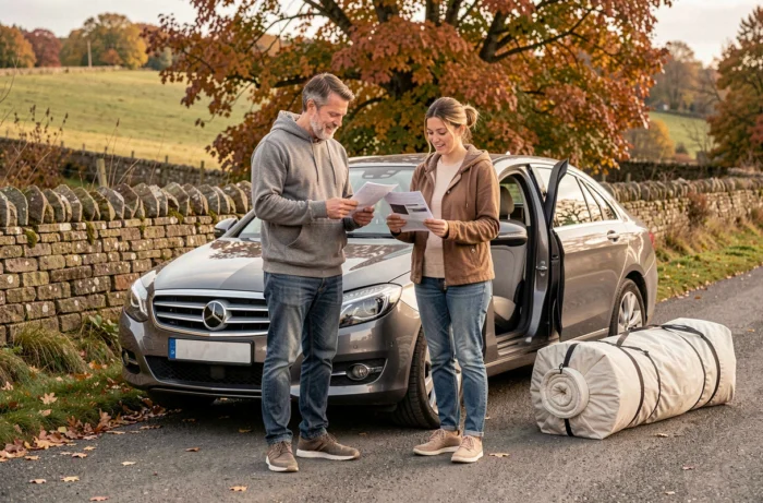 Couple consultant un guide de transport à côté d'un break avec un matelas roulé dans son sac de rangement sur une route de campagne