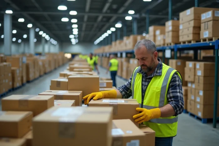 Agent logistique triant des colis en retard sur un tapis roulant dans un hub de distribution de colis
