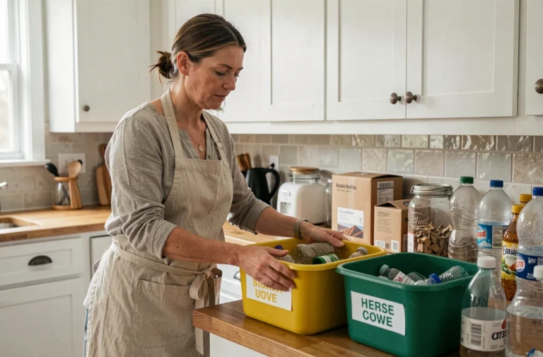 Femme triant des déchets recyclables dans des bacs colorés dans une cuisine moderne, illustrant le geste du tri sélectif au quotidien