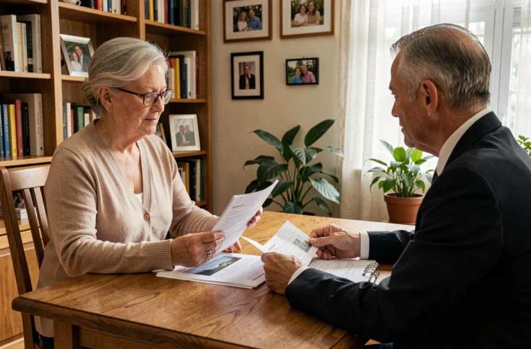Une femme senior examine des documents de viager avec un notaire dans son appartement, illustrant la vente en viager innovant