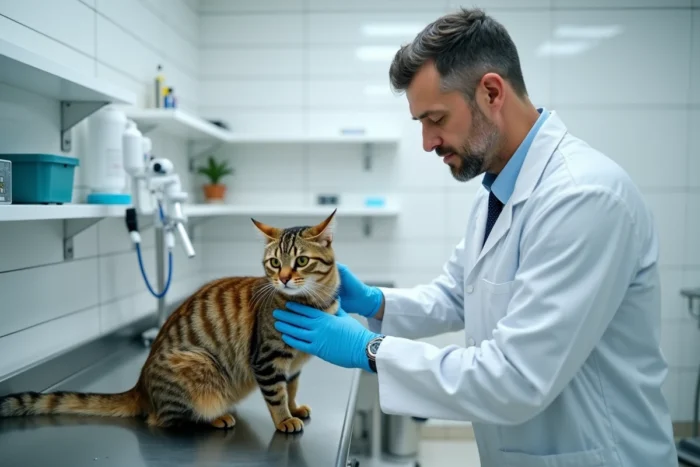 Vétérinaire examinant un chat tigré dans une clinique vétérinaire, illustration des frais couverts par l'assurance animaux