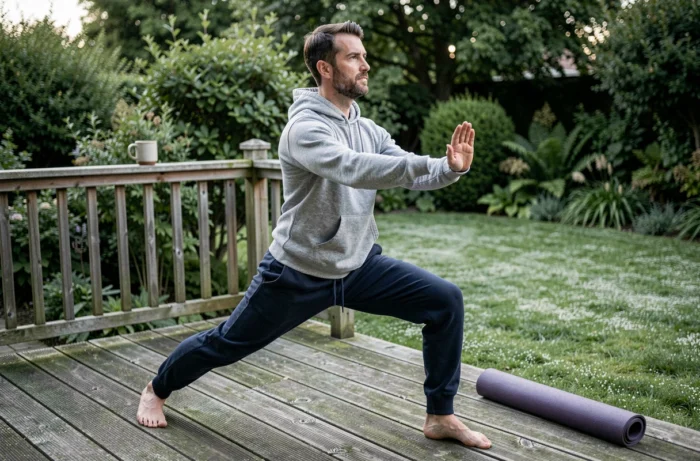 Hombre practicando yoga matinal en una terraza de madera rodeada de un jardín verde